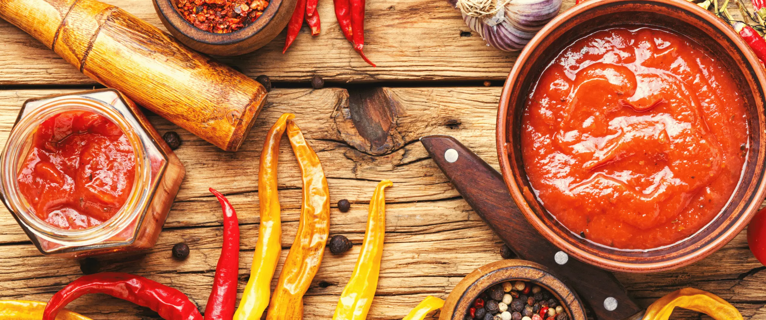 Assorted chili peppers (red and yellow) around a wooden table with chili paste and spices in bowls and jars on a rustic surface.