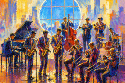 Colorful abstract painting of a jazz band performing on stage; saxophonists, trumpeters, pianist, bassist, and drummer in bright suits.