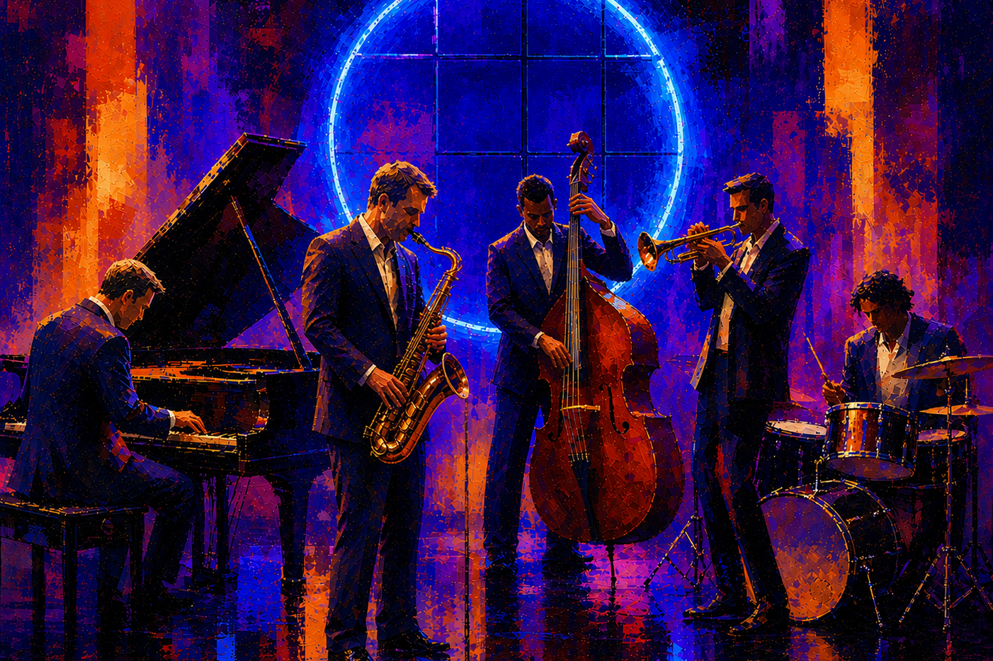 A five-piece jazz band performing on a colorful neon-lit stage, with piano, saxophone, bass, trumpet, and drums.