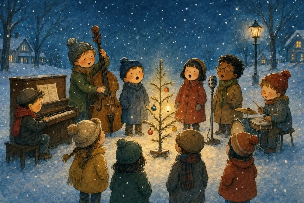 Children carol in the snow at night, gathered around a small lit Christmas tree while a band plays (piano, bass, drums).